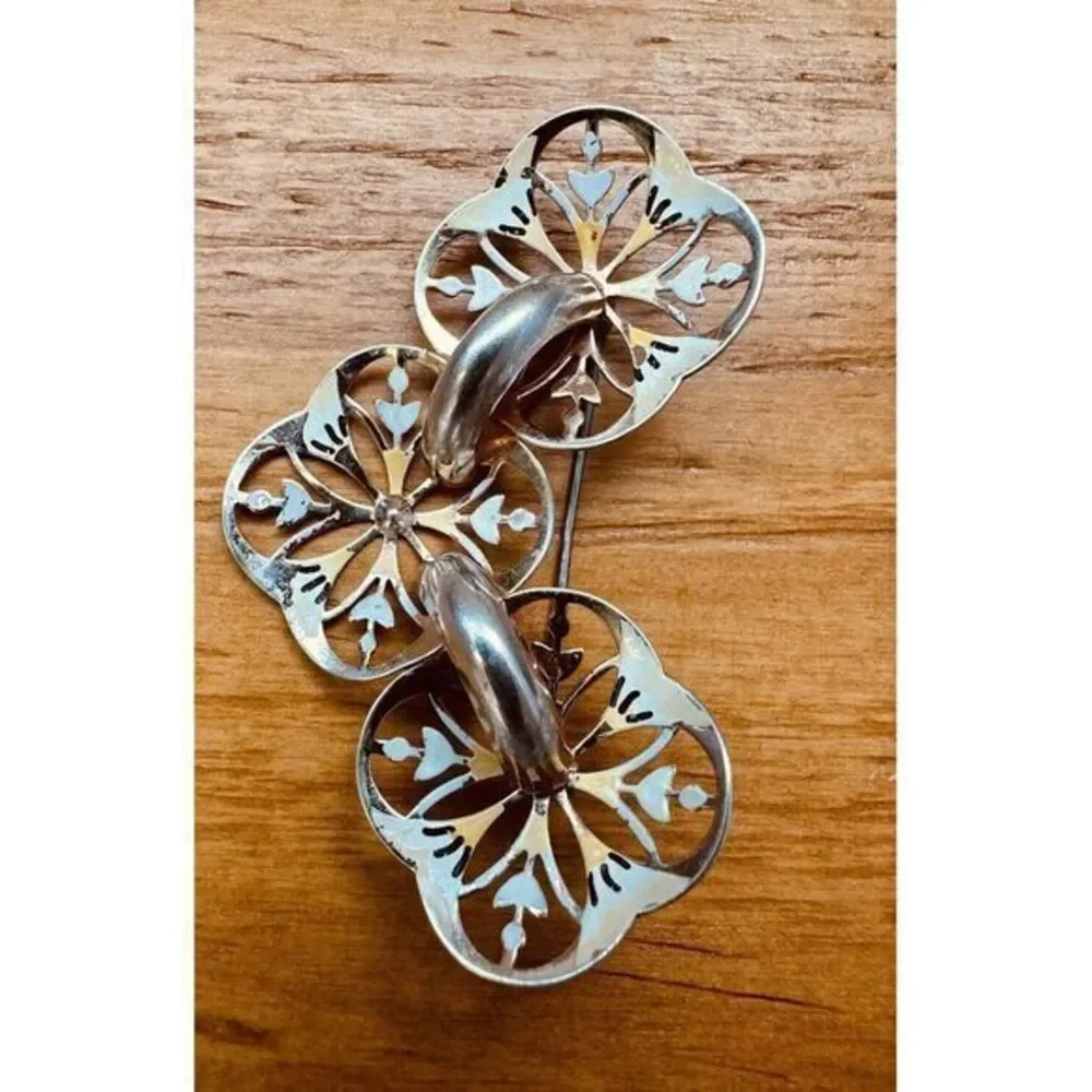 Vintage Sterling Silver Hand Painted‎ Flower Pin Brooch With Screw back Earrings